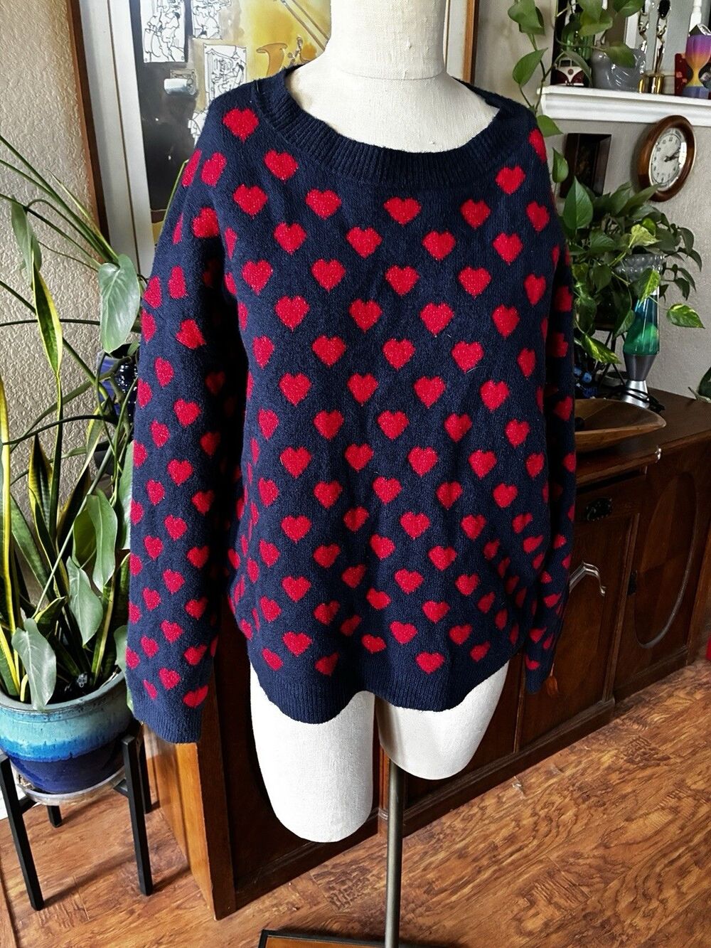 Caslon Crewneck Hearts Sweater Blue Red Love Valentines Winter Cozy Size Large